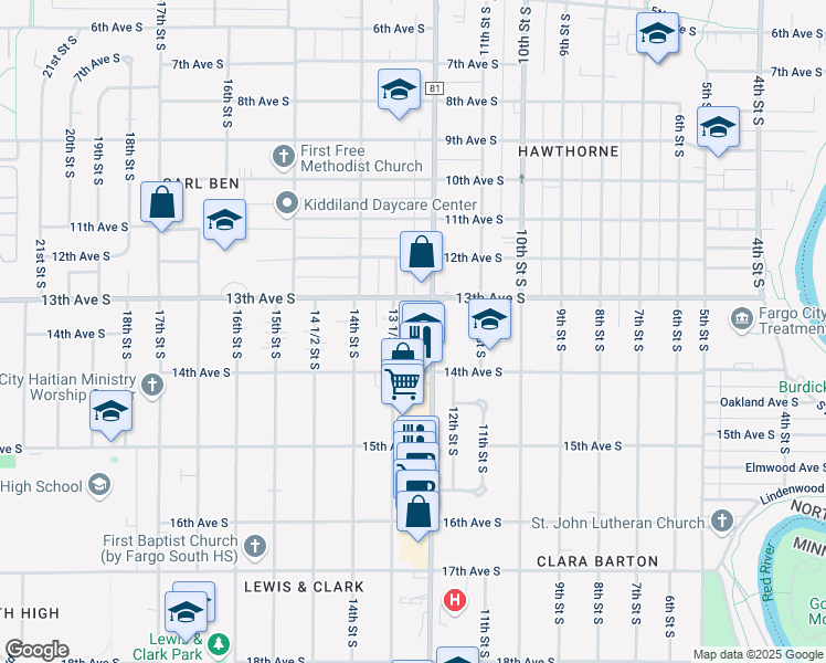 map of restaurants, bars, coffee shops, grocery stores, and more near 1346 13 1/2 Street South in Fargo
