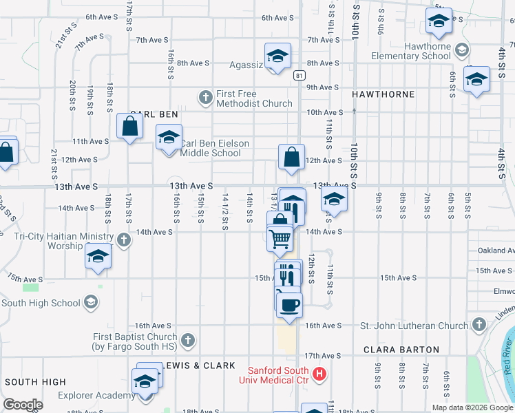 map of restaurants, bars, coffee shops, grocery stores, and more near 1342 14th St S in Fargo