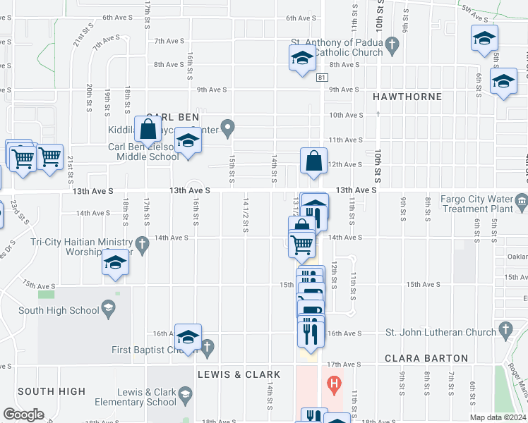map of restaurants, bars, coffee shops, grocery stores, and more near 1344 14 1/2 Street South in Fargo