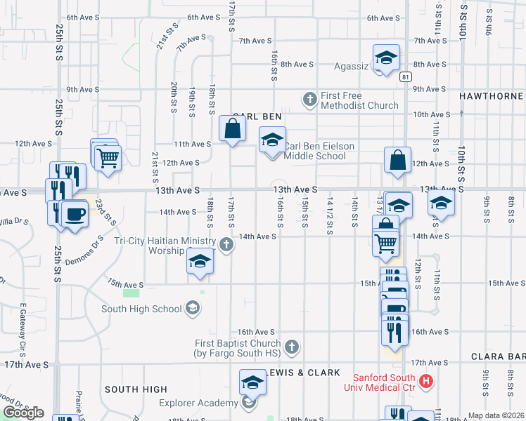 map of restaurants, bars, coffee shops, grocery stores, and more near 1338 16 1/2 Street South in Fargo