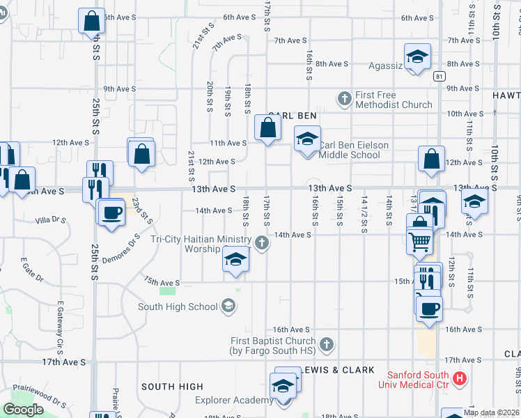 map of restaurants, bars, coffee shops, grocery stores, and more near 1414 18th Street South in Fargo
