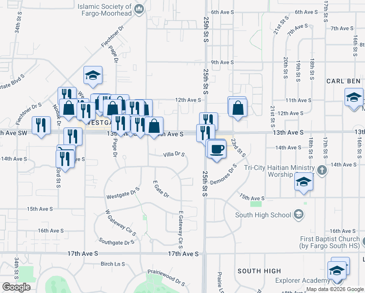 map of restaurants, bars, coffee shops, grocery stores, and more near 2542 Villa Drive South in Fargo