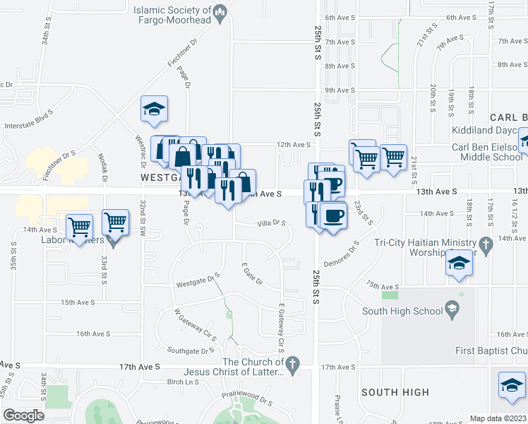 map of restaurants, bars, coffee shops, grocery stores, and more near 1402 East Gateway Circle South in Fargo