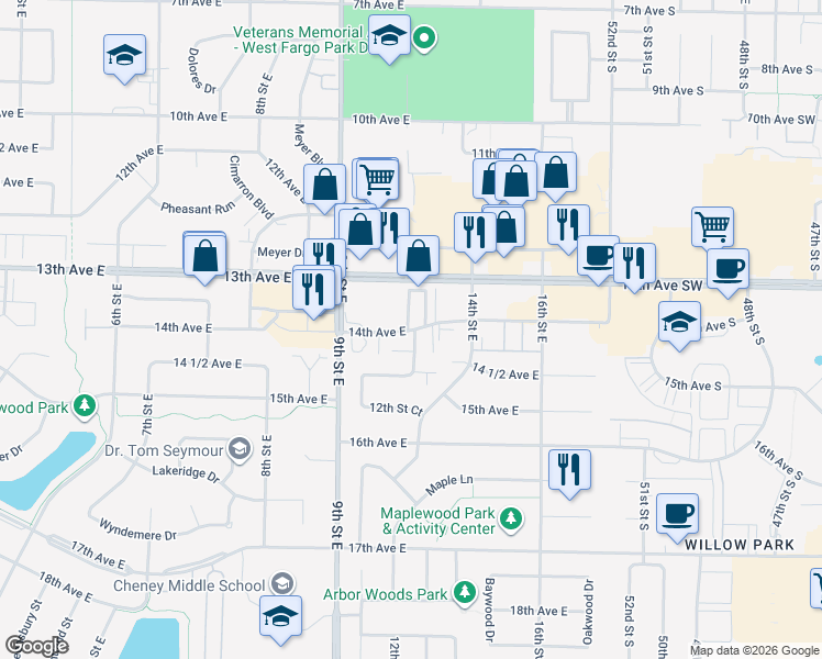 map of restaurants, bars, coffee shops, grocery stores, and more near 1400 12th Street West in West Fargo
