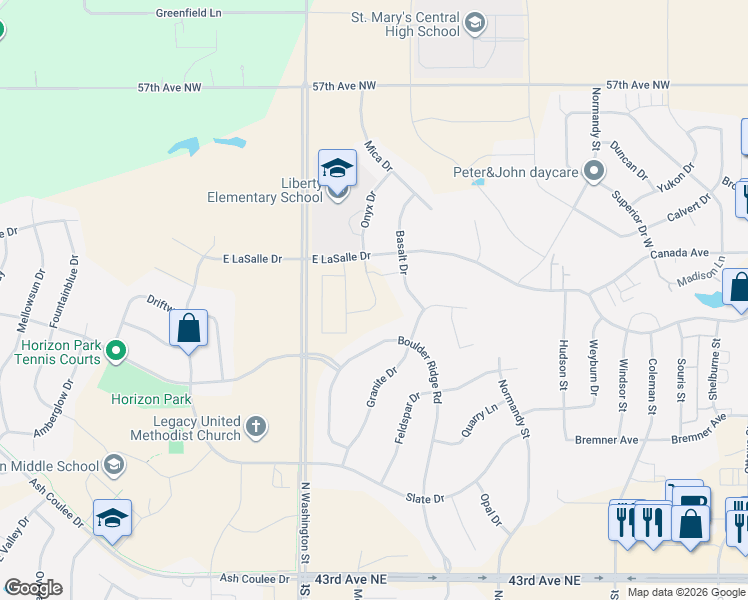 map of restaurants, bars, coffee shops, grocery stores, and more near 4924 Boulder Ridge Road in Bismarck