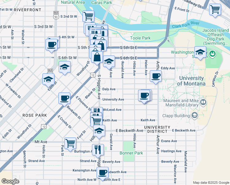 map of restaurants, bars, coffee shops, grocery stores, and more near 1110 Gerald Avenue in Missoula