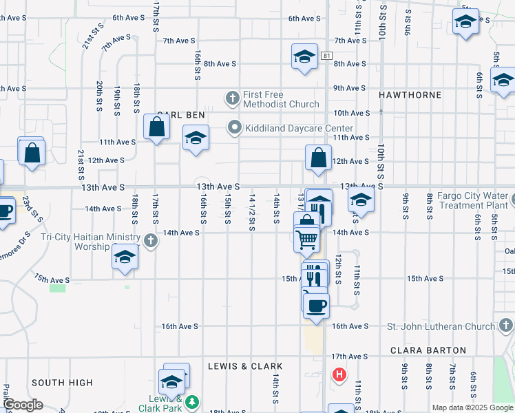 map of restaurants, bars, coffee shops, grocery stores, and more near 1322 14 1/2 Street South in Fargo