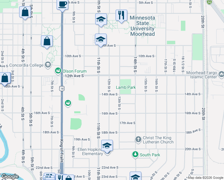 map of restaurants, bars, coffee shops, grocery stores, and more near 1401 13th Street South in Moorhead