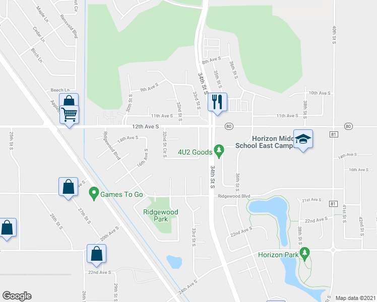 map of restaurants, bars, coffee shops, grocery stores, and more near 1338 32nd Street Circle South in Moorhead