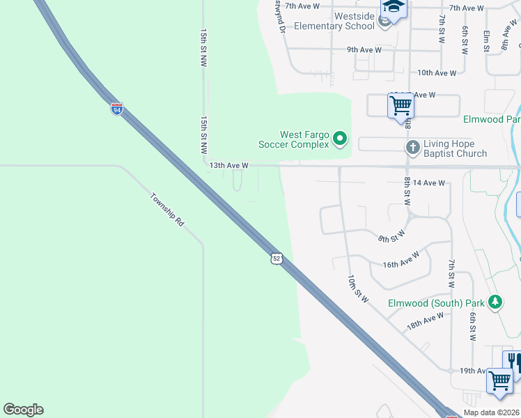 map of restaurants, bars, coffee shops, grocery stores, and more near 1251 13th Avenue West in West Fargo