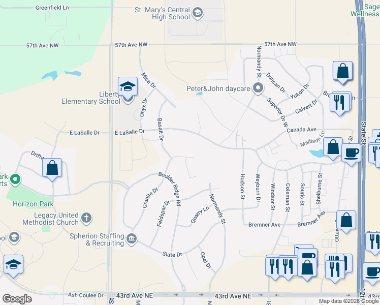 map of restaurants, bars, coffee shops, grocery stores, and more near East LaSalle Drive in Burleigh County