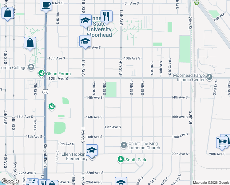 map of restaurants, bars, coffee shops, grocery stores, and more near 1325 14th Avenue South in Moorhead