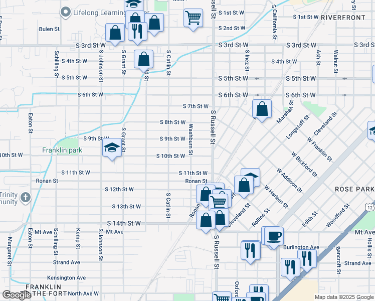 map of restaurants, bars, coffee shops, grocery stores, and more near 1614 South 9th Street West in Missoula