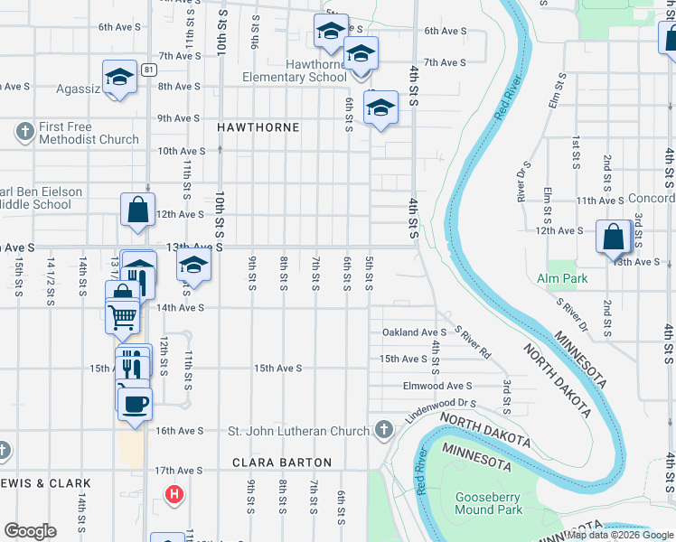 map of restaurants, bars, coffee shops, grocery stores, and more near 1301 6th Street South in Fargo