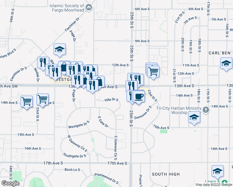map of restaurants, bars, coffee shops, grocery stores, and more near 2571 Villa Drive South in Fargo