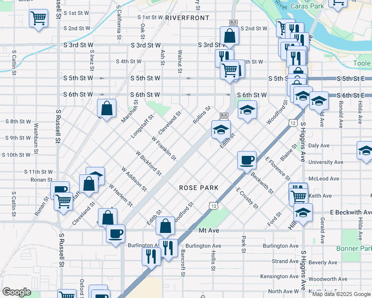 map of restaurants, bars, coffee shops, grocery stores, and more near 611 Stephens Avenue in Missoula