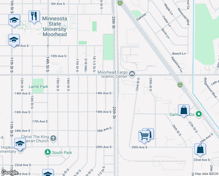 map of restaurants, bars, coffee shops, grocery stores, and more near 1321 20th Avenue South in Moorhead