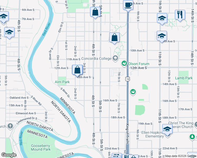 map of restaurants, bars, coffee shops, grocery stores, and more near 1214 5th Street South in Moorhead