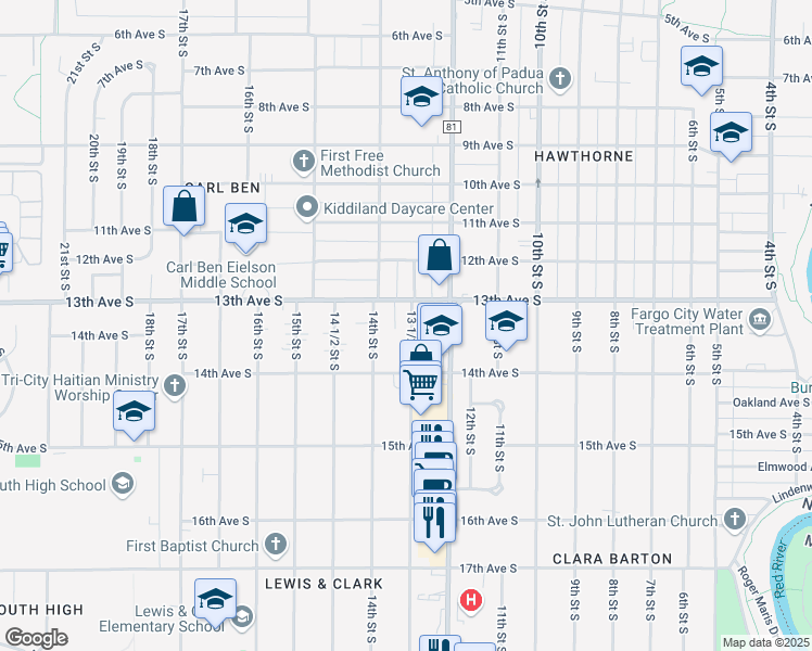 map of restaurants, bars, coffee shops, grocery stores, and more near 1304 13th Avenue South in Fargo