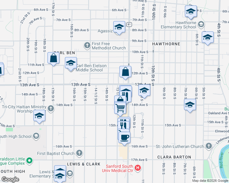 map of restaurants, bars, coffee shops, grocery stores, and more near 1350 13th Avenue South in Fargo