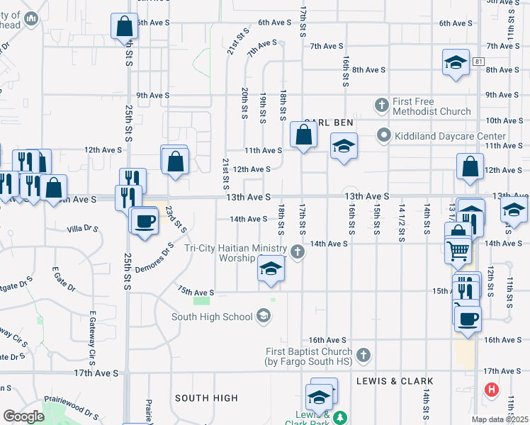 map of restaurants, bars, coffee shops, grocery stores, and more near 1902 13th Ave S in Fargo