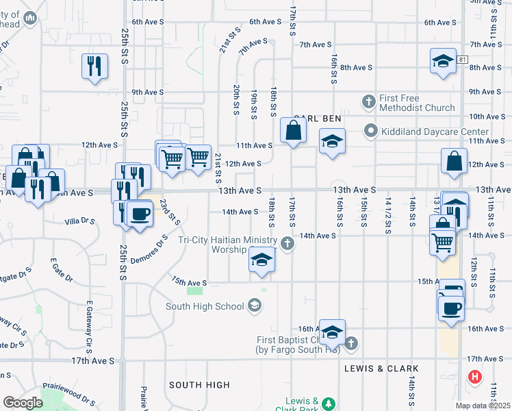 map of restaurants, bars, coffee shops, grocery stores, and more near 1902 13th Ave S in Fargo