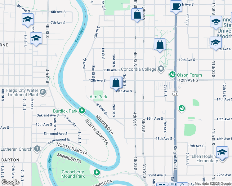map of restaurants, bars, coffee shops, grocery stores, and more near 205 13th Avenue South in Moorhead