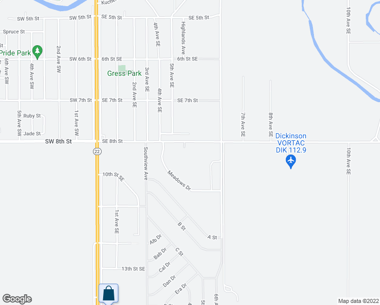map of restaurants, bars, coffee shops, grocery stores, and more near 428 Southeast 8th Street in Dickinson
