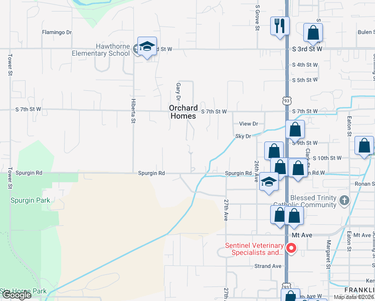 map of restaurants, bars, coffee shops, grocery stores, and more near 2738 Spurgin Road in Missoula