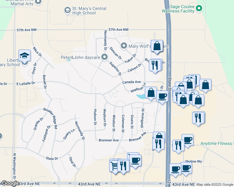 map of restaurants, bars, coffee shops, grocery stores, and more near 925 Canada Avenue in Bismarck
