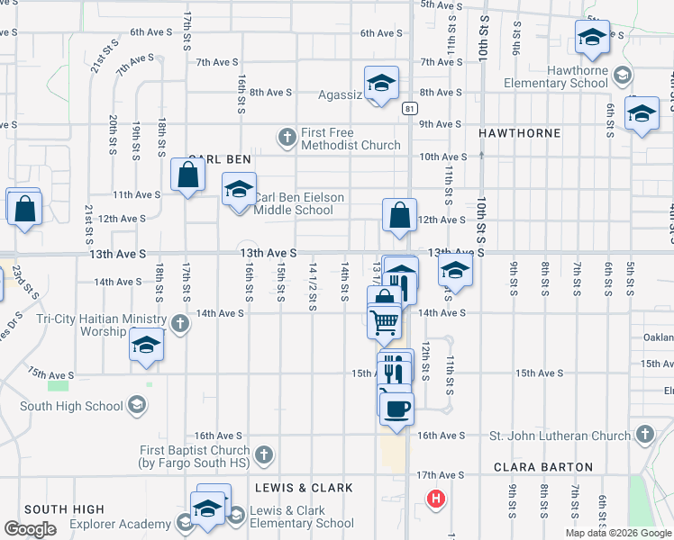 map of restaurants, bars, coffee shops, grocery stores, and more near 1313 14th Street South in Fargo