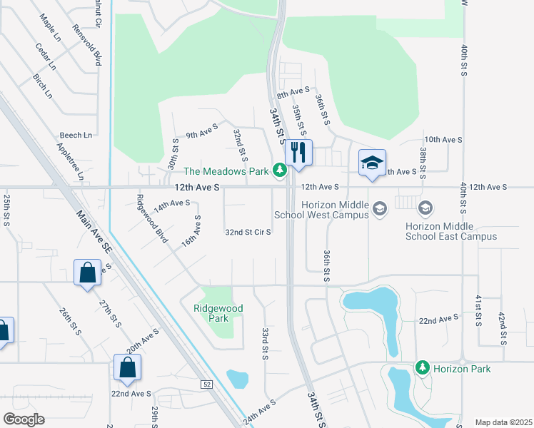 map of restaurants, bars, coffee shops, grocery stores, and more near 1211 34th Street Circle South in Moorhead