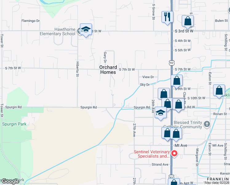 map of restaurants, bars, coffee shops, grocery stores, and more near 2738 Spurgin Road in Missoula