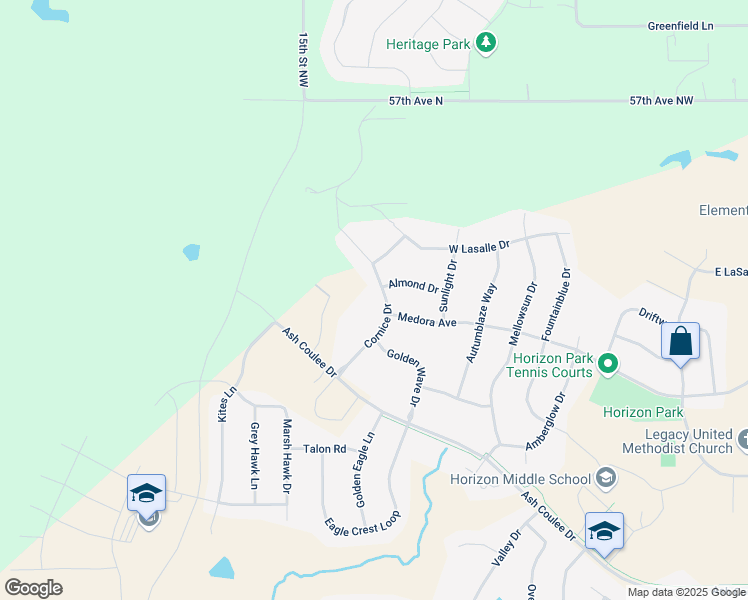 map of restaurants, bars, coffee shops, grocery stores, and more near 5112 Cornice Drive in Bismarck