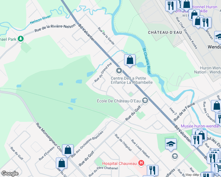 map of restaurants, bars, coffee shops, grocery stores, and more near 12905 Rue du Jardin in Québec