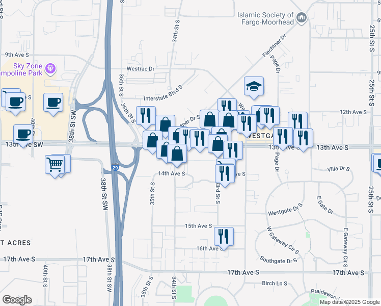 map of restaurants, bars, coffee shops, grocery stores, and more near 3348-3398 13th Ave S in Fargo