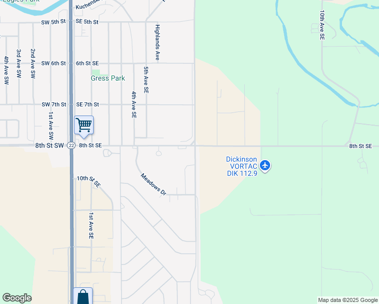 map of restaurants, bars, coffee shops, grocery stores, and more near 580 8th Street Southeast in Dickinson