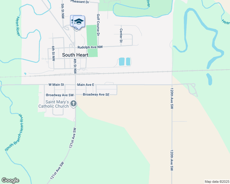 map of restaurants, bars, coffee shops, grocery stores, and more near 104 West Broadway Street in South Heart