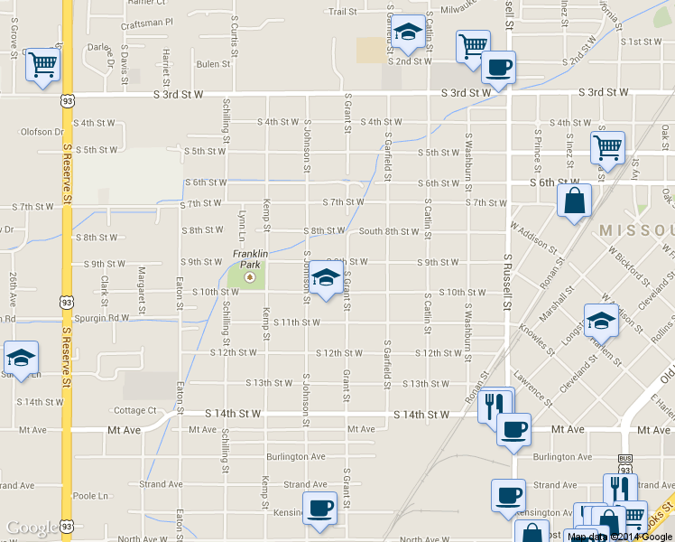 map of restaurants, bars, coffee shops, grocery stores, and more near 1930 South 9th Street West in Missoula