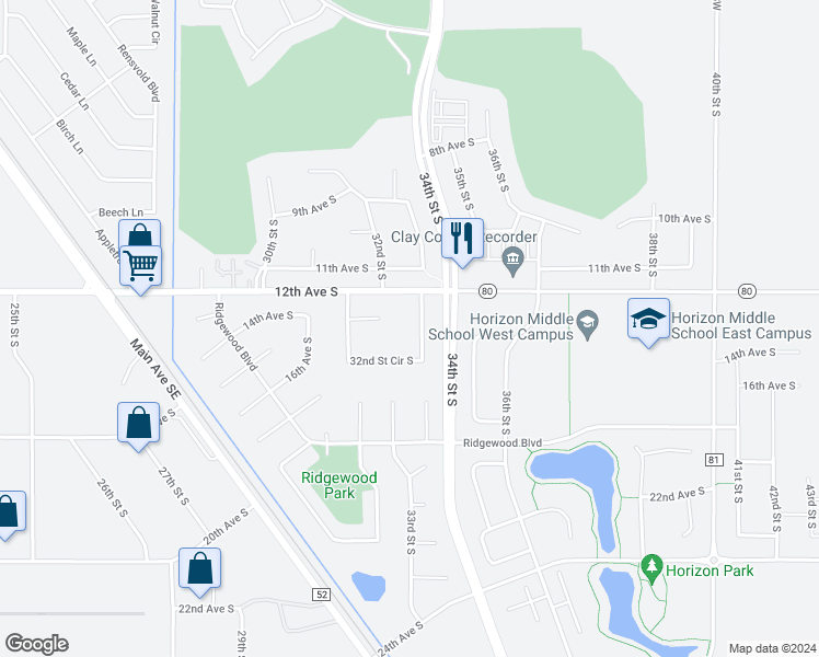 map of restaurants, bars, coffee shops, grocery stores, and more near 1236 32nd Street Circle South in Moorhead