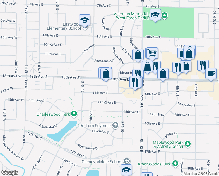 map of restaurants, bars, coffee shops, grocery stores, and more near 1359 13 1/2th Avenue East in West Fargo