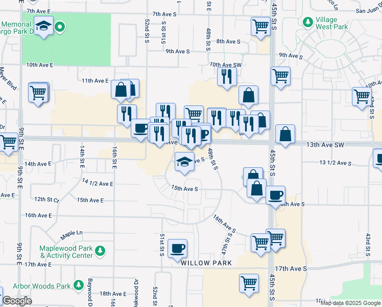 map of restaurants, bars, coffee shops, grocery stores, and more near 4900 13th Avenue South in Fargo