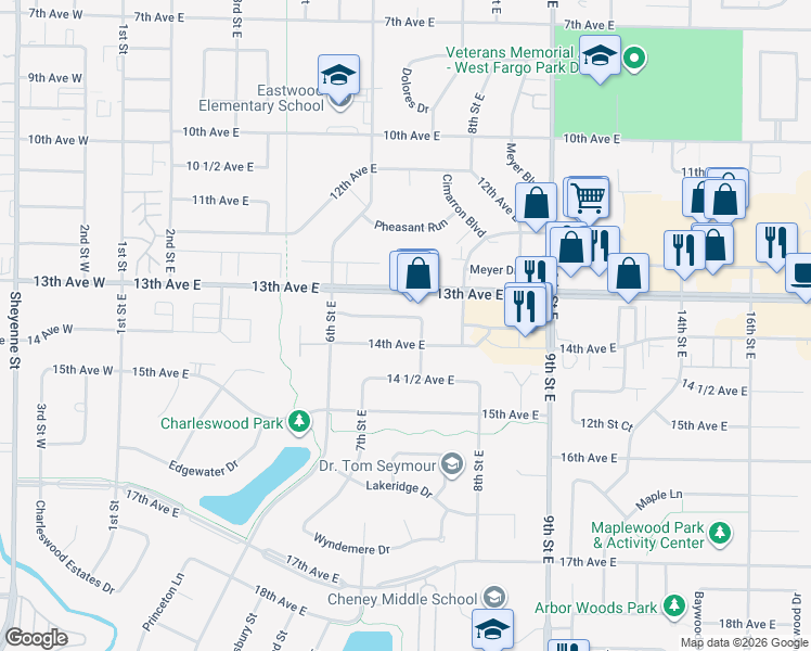 map of restaurants, bars, coffee shops, grocery stores, and more near 1359 13 1/2th Avenue East in West Fargo