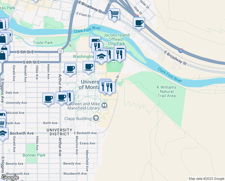 map of restaurants, bars, coffee shops, grocery stores, and more near Campus Drive in Missoula