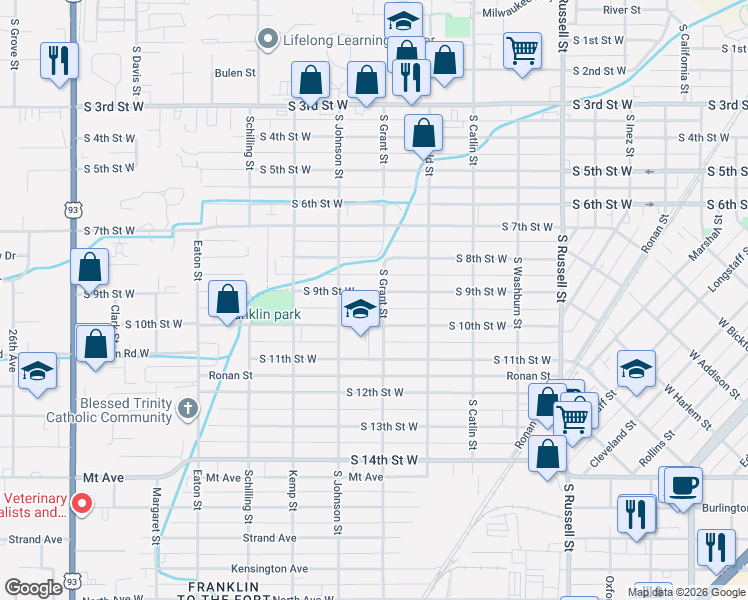map of restaurants, bars, coffee shops, grocery stores, and more near 1930 South 9th Street West in Missoula