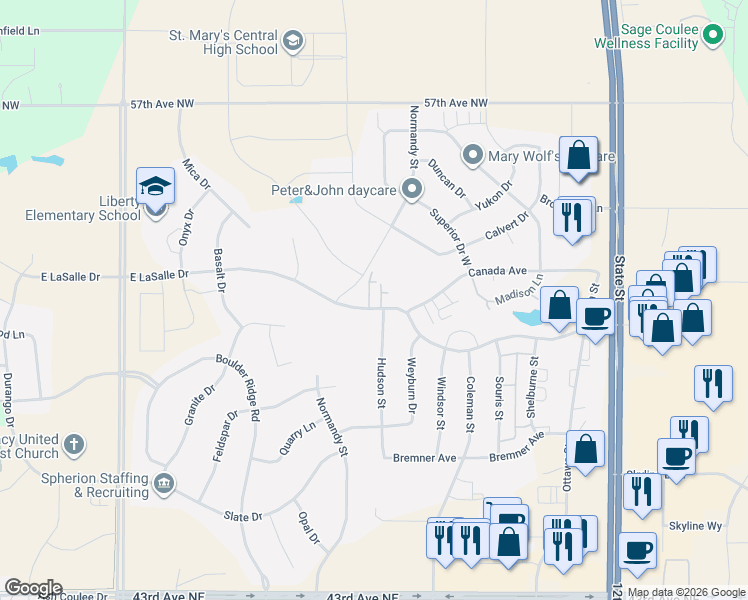 map of restaurants, bars, coffee shops, grocery stores, and more near 5117 Normandy Street in Bismarck