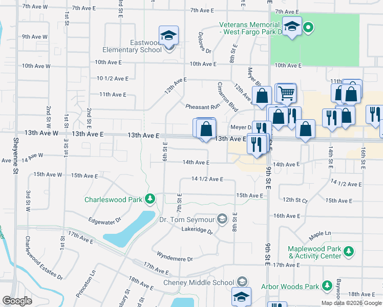 map of restaurants, bars, coffee shops, grocery stores, and more near 719 13 1/2 Ave E in West Fargo