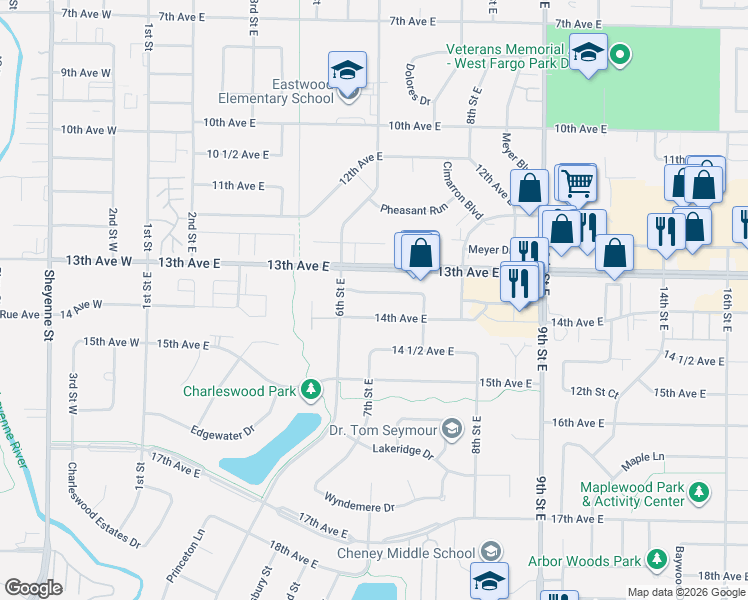 map of restaurants, bars, coffee shops, grocery stores, and more near 719 13 1/2 Ave E in West Fargo