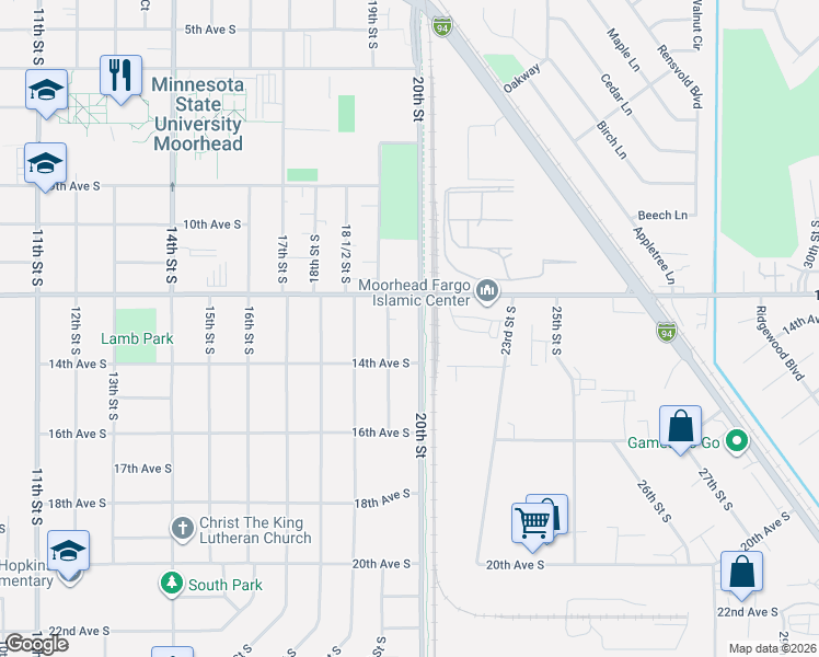 map of restaurants, bars, coffee shops, grocery stores, and more near 1210 19 1/2 Street South in Moorhead