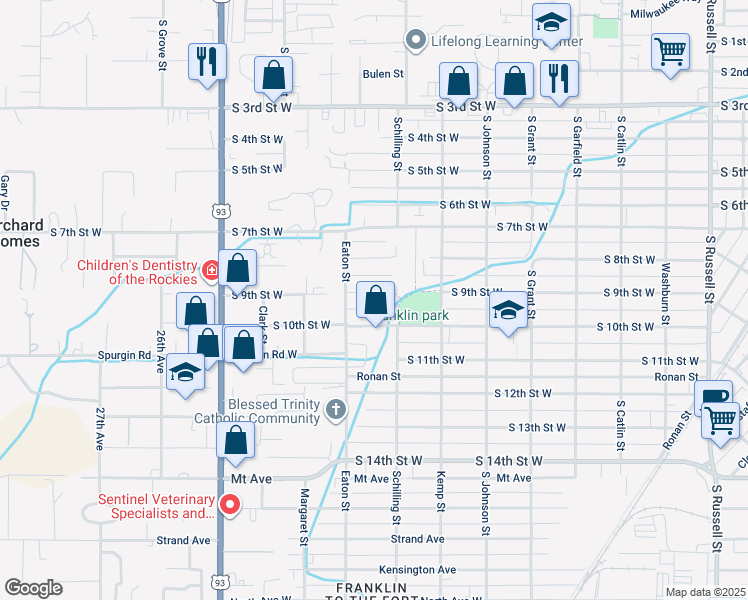 map of restaurants, bars, coffee shops, grocery stores, and more near 2218-2224 South 9th Street West in Missoula